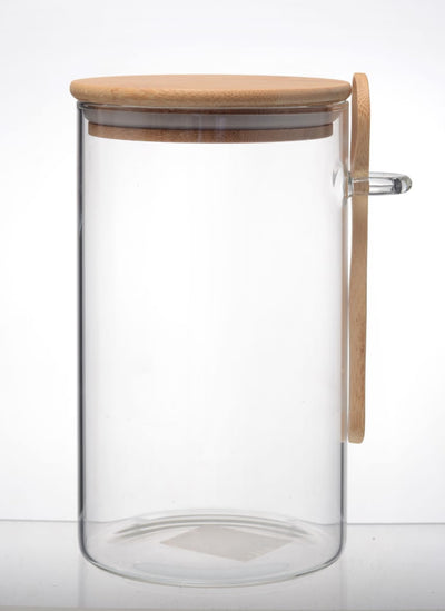צנצנת זכוכית עגולה עם מכסה במבוק+ כף עץ