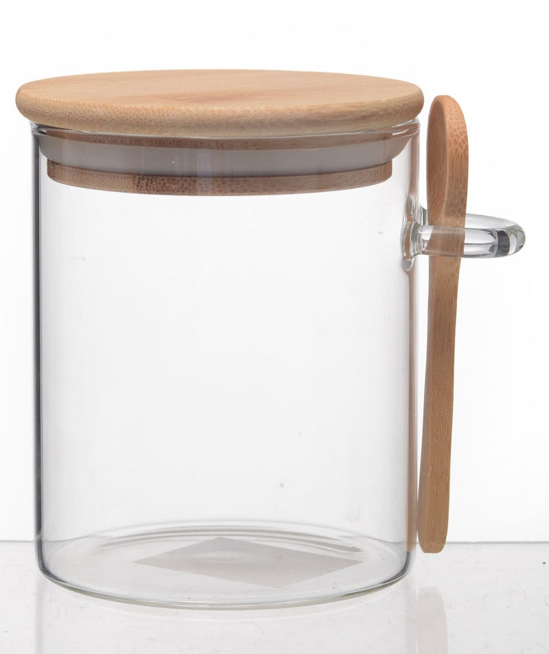 צנצנת זכוכית עגולה עם מכסה במבוק+ כף עץ