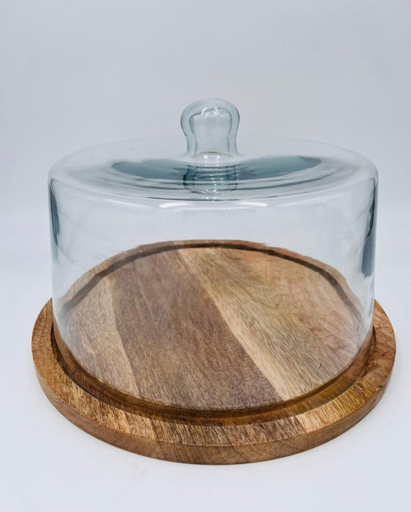 פעמון הגשה מזכוכית בסיס עץ