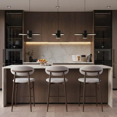 כסא בר דגם ניק גוף אלומניום בגוון אגוז מרופד בז