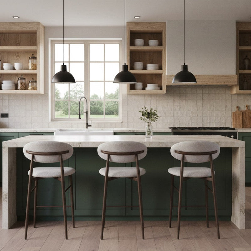 כסא בר דגם ניק גוף אלומניום בגוון אגוז מרופד בז