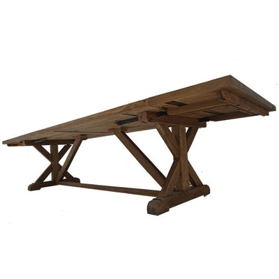 שולחן אוכל מעץ טיק עם פתיחות רגל איקס 260-300 ס"מ